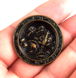 Antique Victorian Black On Brass Asian Picture Button Dragonfly Botanical Rare
