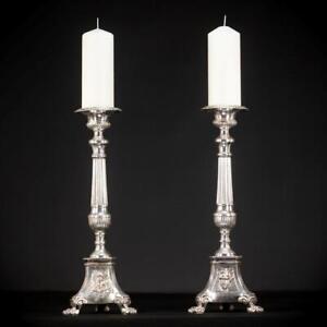 Candlesticks Pair French Antique Silver Plated Bronze Candle Holders 23 6 