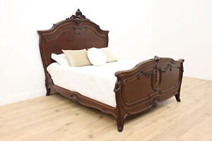 French Antique Carved Walnut Full Size Bed Roses 48681