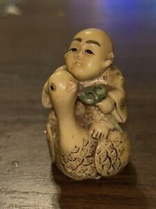 Vtg Japanese Netsuke Figurine Resin Buddha Boy Sitting On Bird 2 
