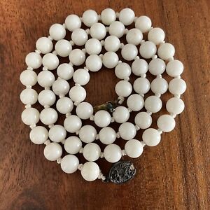 White Jade 24 Bead Necklace Gold Silver Clasp Hand Knotted Vintage