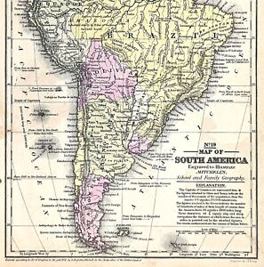 Old 1852 South America Map Original Brazil Patagonia Chili Paraguay Argentina