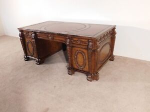 Vintage Hooker Furniture Carved Walnut 3 Piece Leather Top Partner S Desk