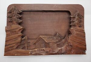 Antique Folk Art Rustic Hand Carved Cabin In Woods Picture Frame