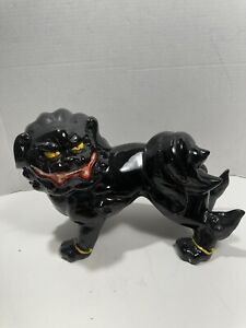 Chinese Foo Dog Lion Figure Sculpture Black Glossy Signed Ken Vintage Ceramic