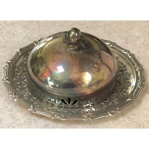 Butter Dish Silver Plate Dome W Round Ornate Platter Made In England Serving Dis