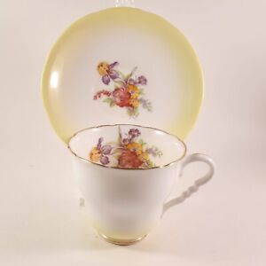 Vintage Royal Stafford Bone China Tea Cup Saucer Yellow With Floral Pattern