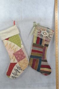 Antique Old Quilt Xmas Stockings 20 Long Cotton Red And Mixed 19th C Original
