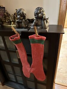 Rare Large Primitive Likely Wool Red Green Santa S Stockings As Is