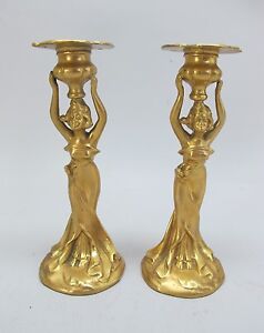Fine Pair Of Antique French Art Nouveau Heavily Gilded Candle Holders C 1910