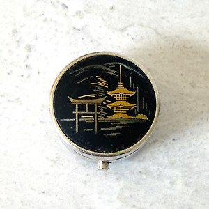 Vintage Amita Japan Sterling Silver Pillbox Signed Damascene Shakudo Round