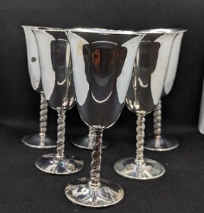 Set Of 6 Silver Plate Wine Goblets Spiral Stem Marked Spain Unweighted Vintage