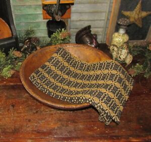 Prim Antique Vtg Style Acorn Weave Black Tan Cotton Woven Coverlet Runner Rq9wsr