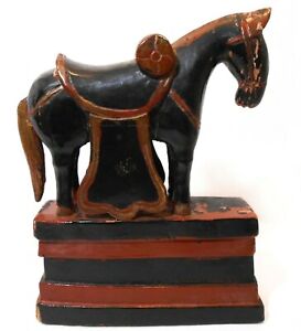 Rare Late 19th Early 20th C Antique Chinese Painted Wooden Battle Horse On Base
