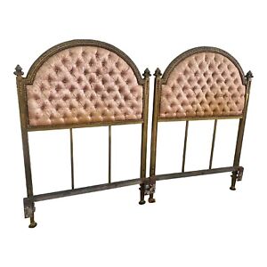 Pair Of French Antique Twin Headboards Brass And Silk Upholstery 1850 S