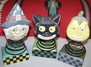 Three Halloween Figures Folk Artsy Style Witch Cat Pumpkin Take A Peek 