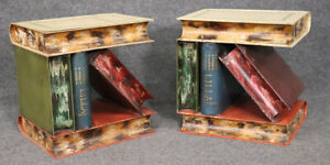 Outstanding Pair Of Tole Painted Metal Italian Made End Tables Stacked Books