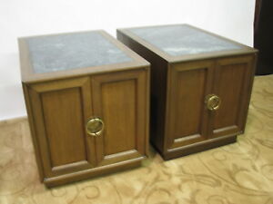  Pair Dunbar Inspired Walnut End Tables Cabinets With Marble Insert Tops