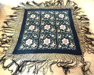 Vtg Piano Shawl Canton Flamenco Manton Silk Embroidery Fringe Black 49x50 