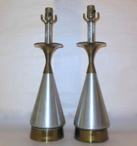 Mcm Pair Lamps Brushed Aluminum Brass Table Russel Wright