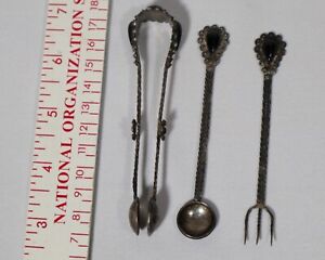 Antique Jeweled Coin Silver Sugar Tongs Spoon Fork 