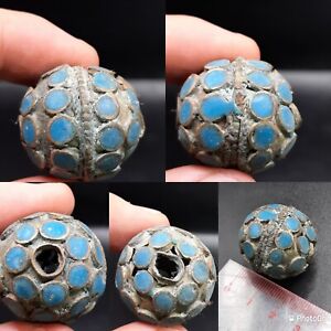 Ancient Near Eastern Gilded Bronze Bead With Stones Inserts