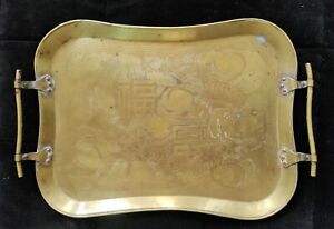 Antique Chinese Brass Serving Tray W Dragons And Copper Rivets Gorgeous