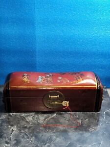 Antique Asian Qing Era Headrest Wood Leather Brass Pillow Lacquer Ornate Box Obo