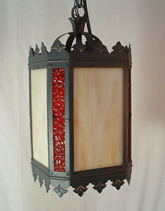 Antique Wrought Iron Arts Crafts 8 Panel Slag Glass Porch Hall Light Fixture