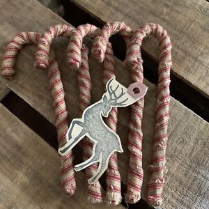 5 Primitive Christmas Candy Canes Reindeer Tag Red