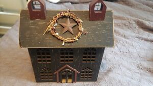 Vintage Primitive Saltbox House Green Stars Americana Wooden Country Decor