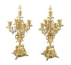 Ornate Pair Of Antique Vintage Gilded Bronze Ormolu French Candelabras