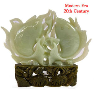 Pxstamps Antique Chinese Large Jade Carving Sculpture Two Fish Pisces Display
