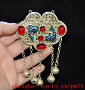 China Tibetan Silver Cloisonne Red Gem Fish Goldfish Clock Bell Amulet Pendant