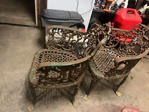 Pair Of 19th C Robert Wood Cast Iron Garden Chairs