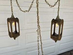 Vintage Cast Brass Spanish Revival Chandelier Hanging Ceiling Lamp Gothic Church