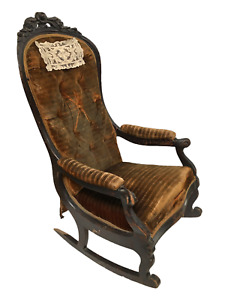 Antique Mahogany Wood Rocking Armchair With Detailed Carvings And Laced Detail