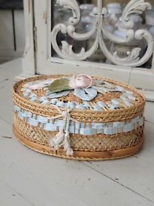 Rare Antique French Ribbon Work Wicker Sewing Basket Tufted Blue Silk Lining