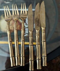 Lot Vtg Fork Knife Set Small Thai Gold Bronze Bamboo Flatware Charcuterie Olive