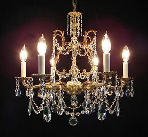 Vintage French Brass Crystals 6 Lights Chandelier