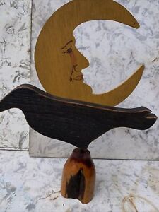 Primitive Rustic Folk Art Hand Carved Wood Sculpture The Crow Moon Teak Base 20 