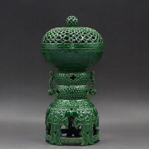 Chinese Antique Porcelain Emerald Green Glaze Hollow Rotating Incense Burner