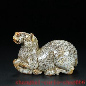 4 China Ancient Hetian Jade Carved Fengshui Wealth Zodiac Horse Sculpture Statue