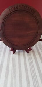 Vintage Hand Carved Wooden Cherry Round Bread Board 12 Farm House Country Great