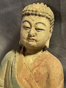 Antique Polychrome Carved Painted Buddha Sculpture Nice Old Surface