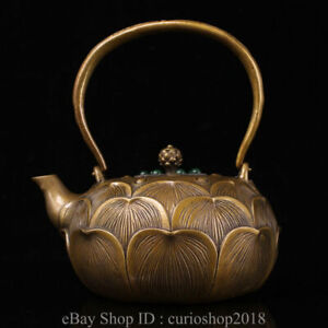 7 6 Qianlong Marked China Copper Inlay Gem Dynasty Lotus Teapot Tea Kettle