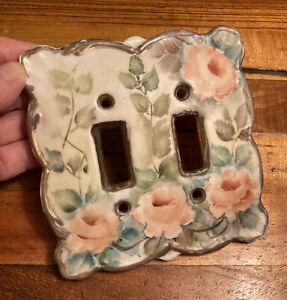 Vintage Hand Painted Porcelain Pink Roses W Leaves Light Switch Cover Double