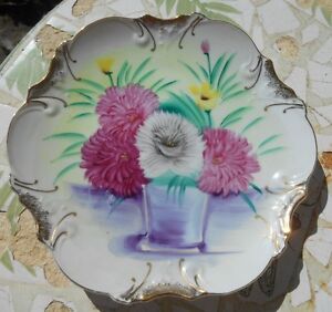 Vintage Hand Painted Plate Chrysanthemums Scalloped Edges 8 Hanger Gold Trim