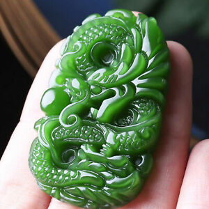 Natural Green Jade Dragon Necklace Pendant Fashion Hand Carved Lucky Amulet
