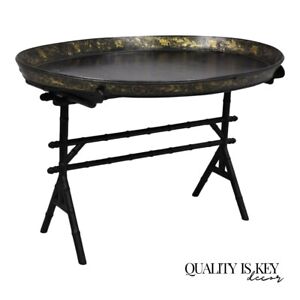 19th C English Victorian Leather Tole Tray Coffee Table On Faux Bamboo Base